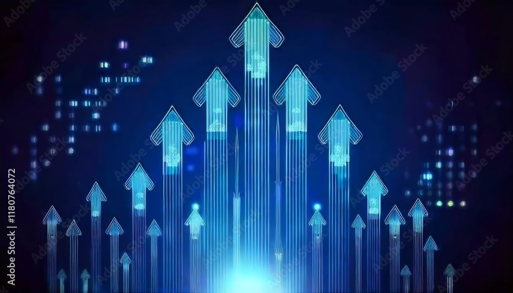 Poster a vibrant digital graphic featuring upward-pointing arrows, symbolizing growth and progress in a tec
