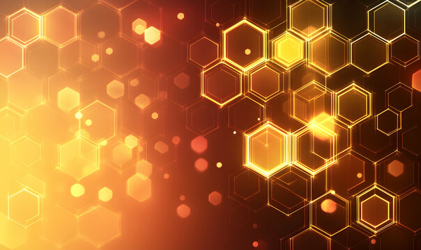 Abstract glowing orange hexagon pattern background. Ideal for technology, science, or corporate presentations.  High-resolution digital art.