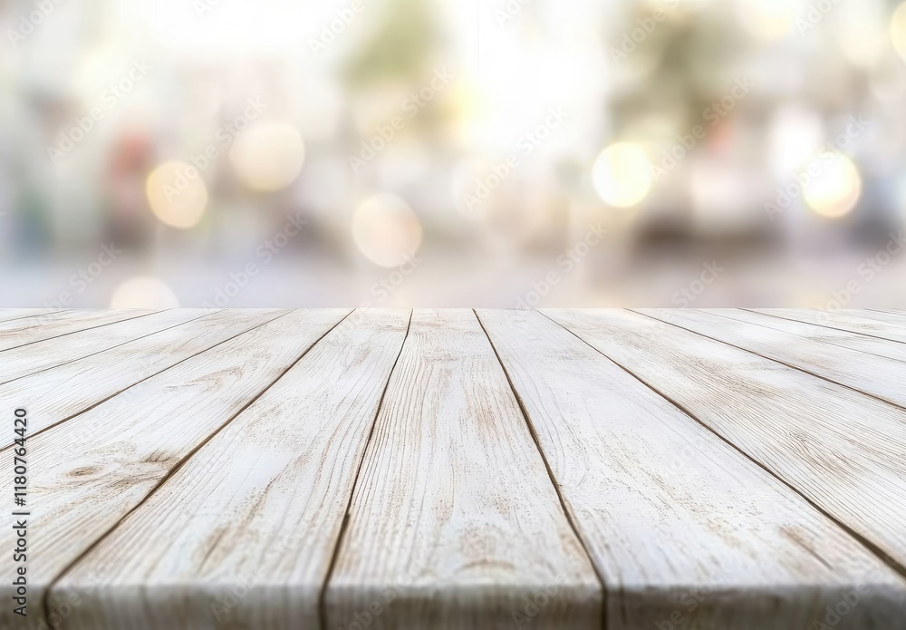 Aufkleber wooden tabletop with a blurred restaurant background featuring white wood grain texture and bokeh li