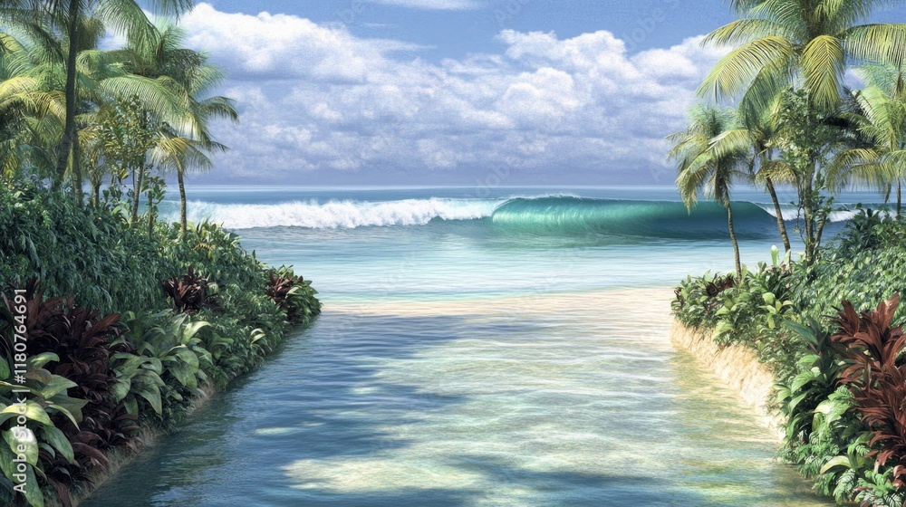 Poster serene beach scene with gentle waves and lush palm trees under a cloudy sky.