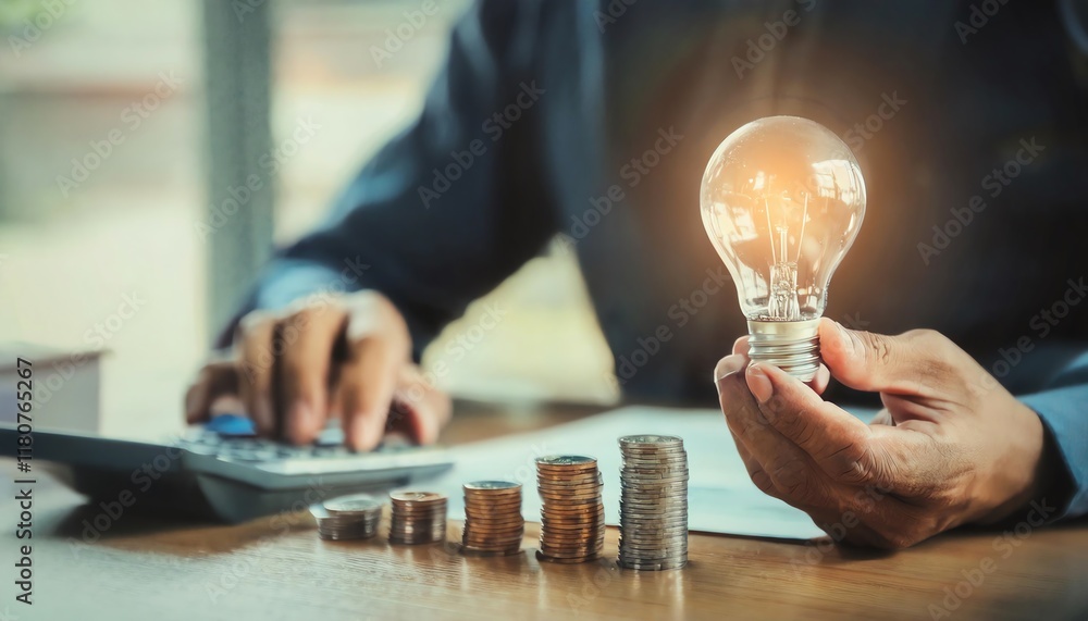 Poster a person holds a light bulb while calculating finances, symbolizing the connection between ideas and