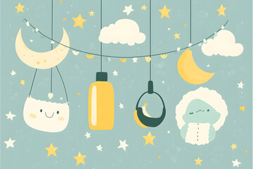 Adorable baby mobile illustration featuring moons, stars, clouds, and cute characters, perfect for nursery decor or children's products.
