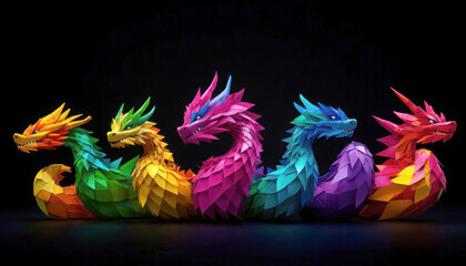 Vibrant dragons in colorful, artistic design on a black background.