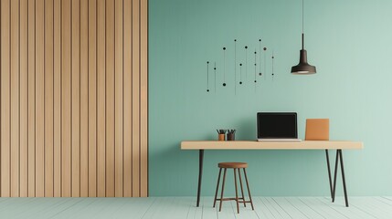 Office desk with laptop, stool, and a wooden wall in a modern and minimalist space