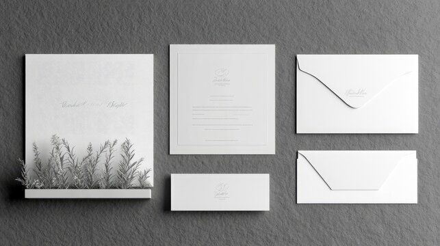 Elegant stationery set featuring minimalist design with plant elements.