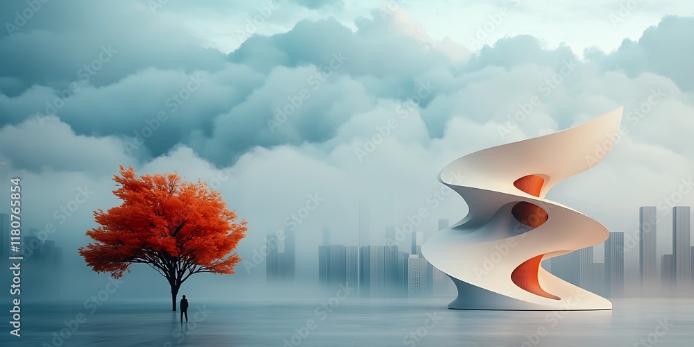 Poster adaptive high tech architectural sculptures swaying and shifting within a minimalist futuristic urba