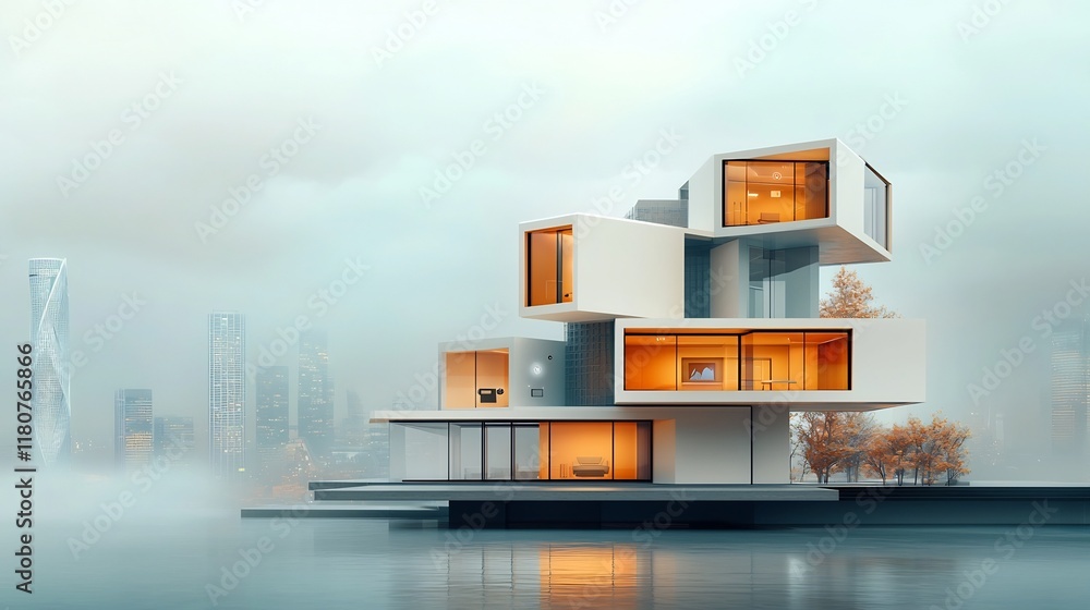 Poster futuristic smart building connected to an advanced iot system featuring a sleek architectural design