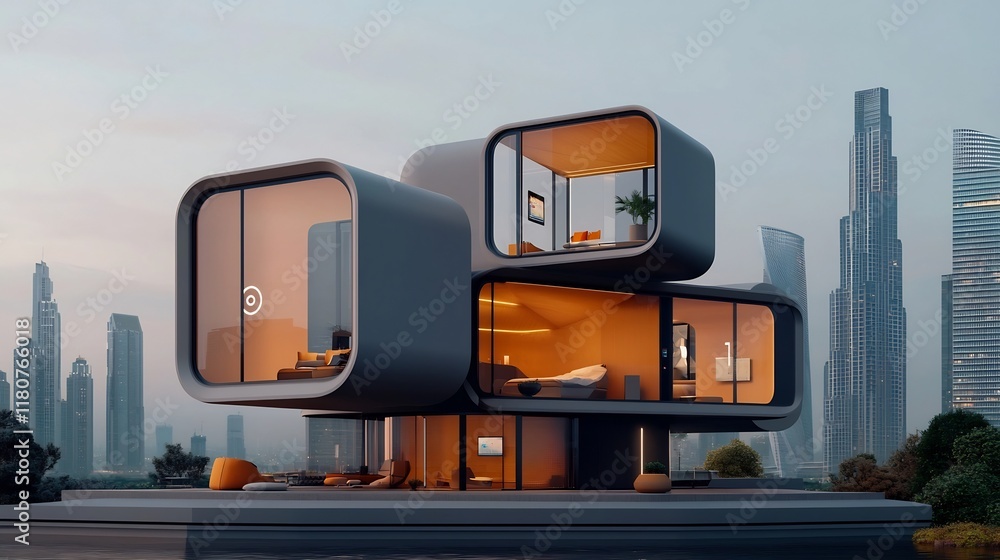 Poster cutting edge futuristic smart building with a sleek minimalist architectural design featuring geomet