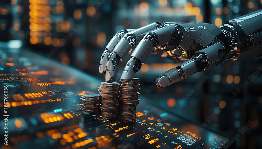 Aufkleber artificial intelligence and financial technology concept.robot hand holding stacking pile of coins a