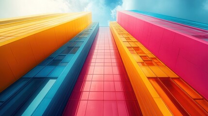Colorful buildings, vibrant hues, upward view.