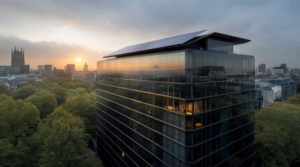 Obraz premium Transparent Solar Powered Architectural with Sleek Glass Facade and Futuristic Sustainable Design Overlooking Urban Landscape Backdrop