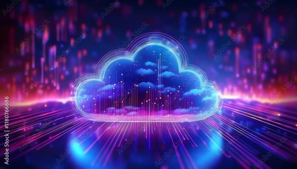 Poster a vibrant digital cloud with glowing elements, surrounded by cascading data streams and a rich, colo