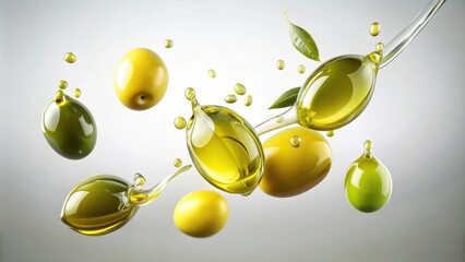 Olive oil droplets suspended in mid-air on a white background
