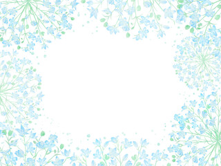 水色のデルフィニウムの花々で飾ったおしゃれなフレーム。春らしい水彩イラスト。