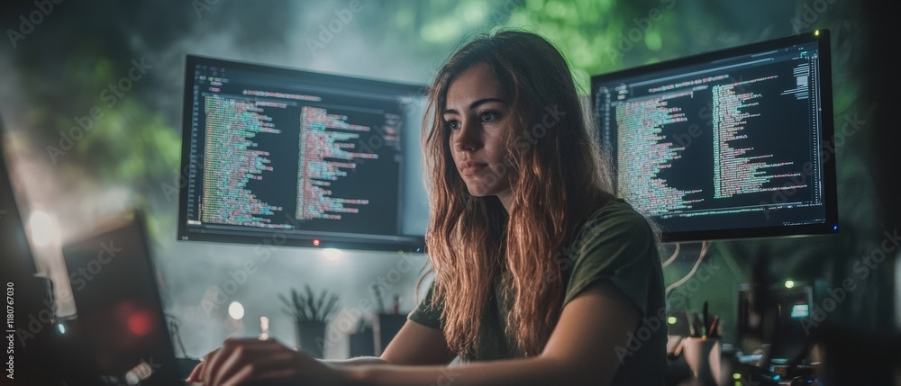 Poster focused programmer woman coding on dual monitors at night