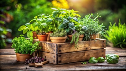 Old wooden crate filled with a variety of colorful potted culinary herbs like basil