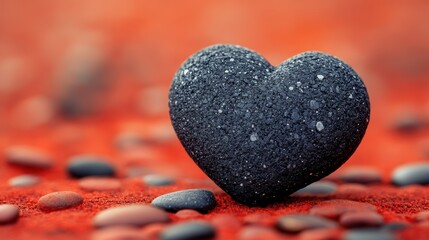 Fototapeta premium Black Heart Stone on Vibrant Red Background with Smooth Pebbles