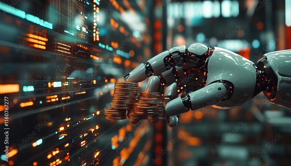 Poster artificial intelligence and financial technology concept.robot hand holding stacking pile of coins a