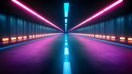 Neon-lit tunnel, vibrant pink and blue glowing lights, futuristic road, abstract background, digital art, modern architecture, empty road, perspective view, long exposure, nighttime scene.