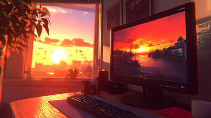 Sunset Cityscape Illustration, Vibrant Digital Artwork