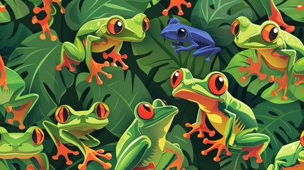 Obraz premium Rainforest frog seamless pattern wallpaper