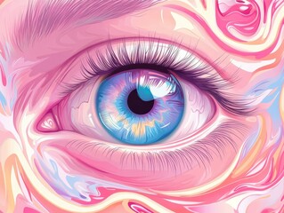 A close up of a woman's eye with a blue iris and pink eyelashes