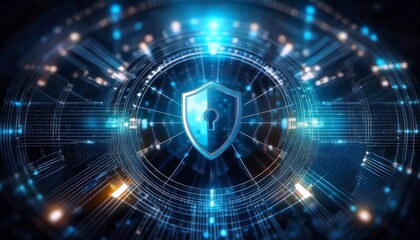 A digital shield surrounded by glowing, interconnected data lines, symbolizing cyber security and protection.