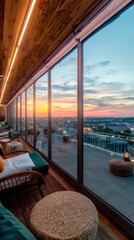 Fototapeta premium Rooftop Lounge Sunset Cityscape Panoramic View Night City Relaxation