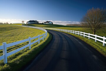 Fototapeta premium Winding road through vibrant green fields with white fence leading to distant homes under a clear blue sky in a peaceful countryside setting