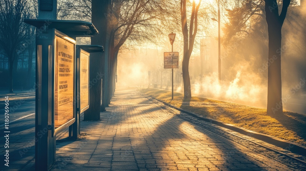 Poster a serene urban scene with misty light filtering through trees and a bus stop.
