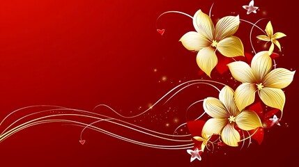 Golden Flowers Flourish on Red Background Design