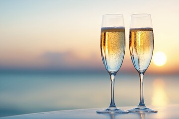 Champagne glasses at sunset by the water, Two champagne flutes filled with bubbly sparkling wine on a table, set against a serene sunset over calm waters, evoking romance and celebration.