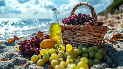 Fresh Grapes and Olive Oil at the Beach with Scenic View