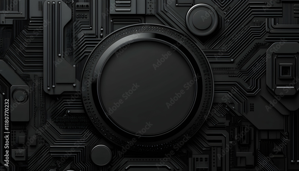 Poster abstract dark grey monochrome tech background. futuristic circuit board texture with central empty c