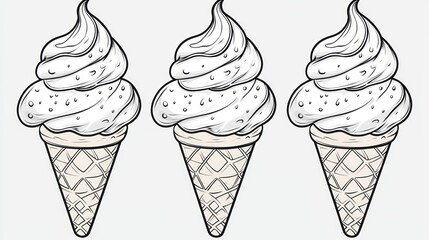 Three hand-drawn illustrations of vanilla ice cream cones.