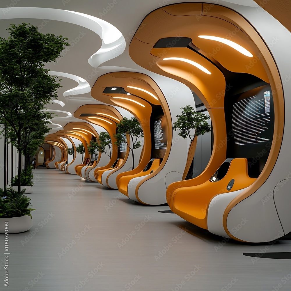 Poster technologically advanced mobility hub with harmonious blend of organic and inorganic forms offering 