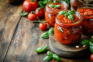 Homemade tomato sauce with basil and garlic on a dark wooden background.