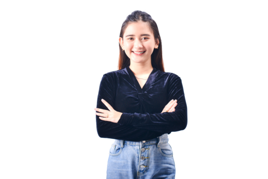 A young Asian Woman in a Black Velvet Top and Denim Jeans making expressive gestures Isolated on white background