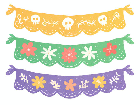 Vibrant Festive Banners with Floral and Skull Designs