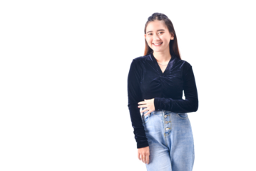 A young Asian Woman in a Black Velvet Top and Denim Jeans making expressive gestures Isolated on white background