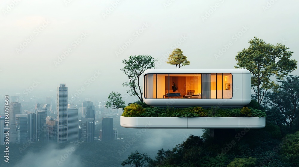 Poster futuristic floating high rise building with sleek steel and glass architecture advanced system and s