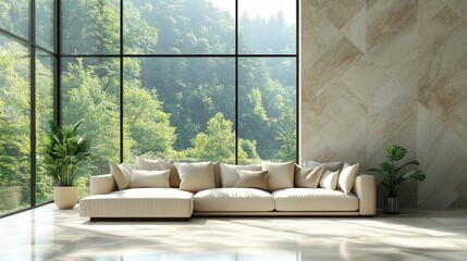 Modern living room with large windows overlooking a lush green landscape.