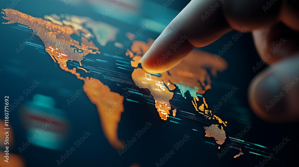 Aufkleber a hand points at a digital map displayed in glowing orange, highlighting geographical features and d