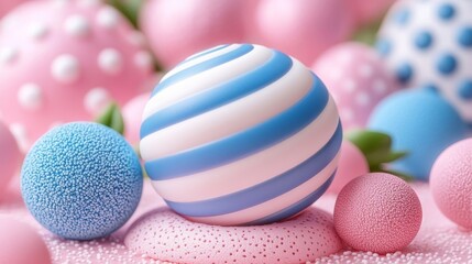 Fototapeta premium Pastel-Colored Striped and Textured Spheres on Pink Surface