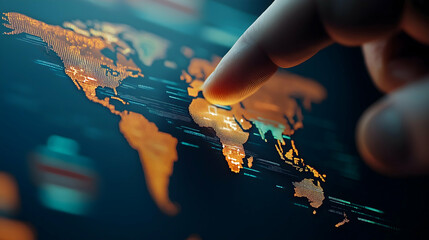 A hand points at a digital map displayed in glowing orange, highlighting geographical features and data in a tech-inspired, futuristic style.