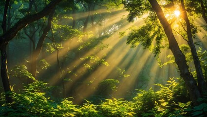 Obraz premium Sunbeams Through the Forest: A Magical Dawn