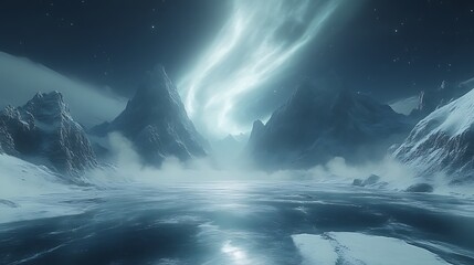 Fototapeta premium Frozen Mountainscape Underneath Aurora Borealis Display