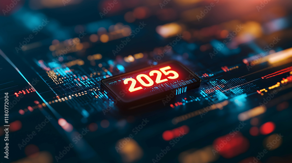 Poster a futuristic display featuring the year 