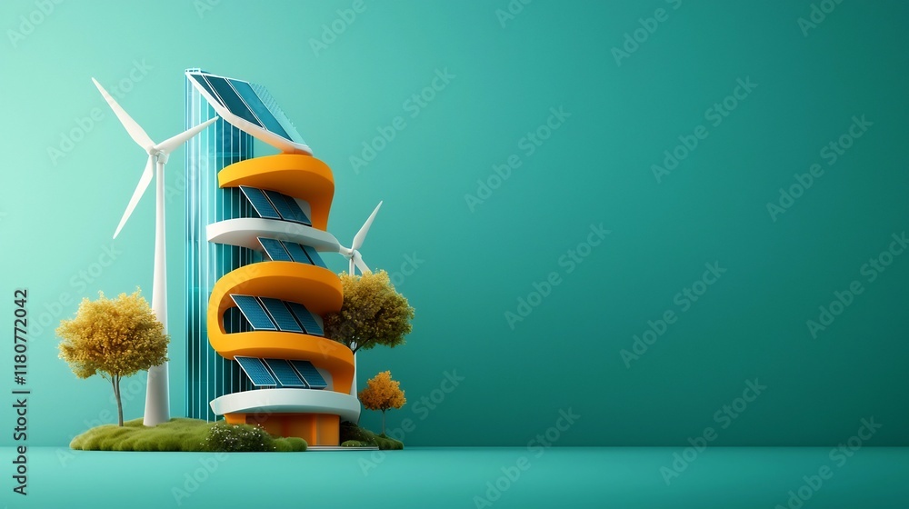 Poster futuristic hydrogen powered skyscraper with a sleek and angular architectural design featuring clean