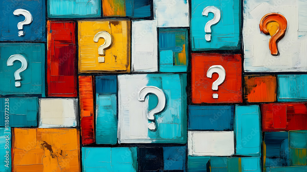 Aufkleber a vibrant abstract artwork featuring colorful blocks with question marks, symbolizing curiosity and 
